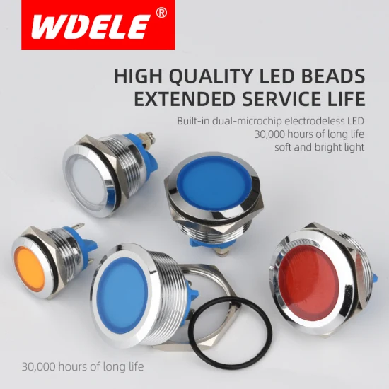 Wdele High Durability 25mm Flat Head Metal Waterproof Industrial Machinery 24 Volt LED Indicator Light